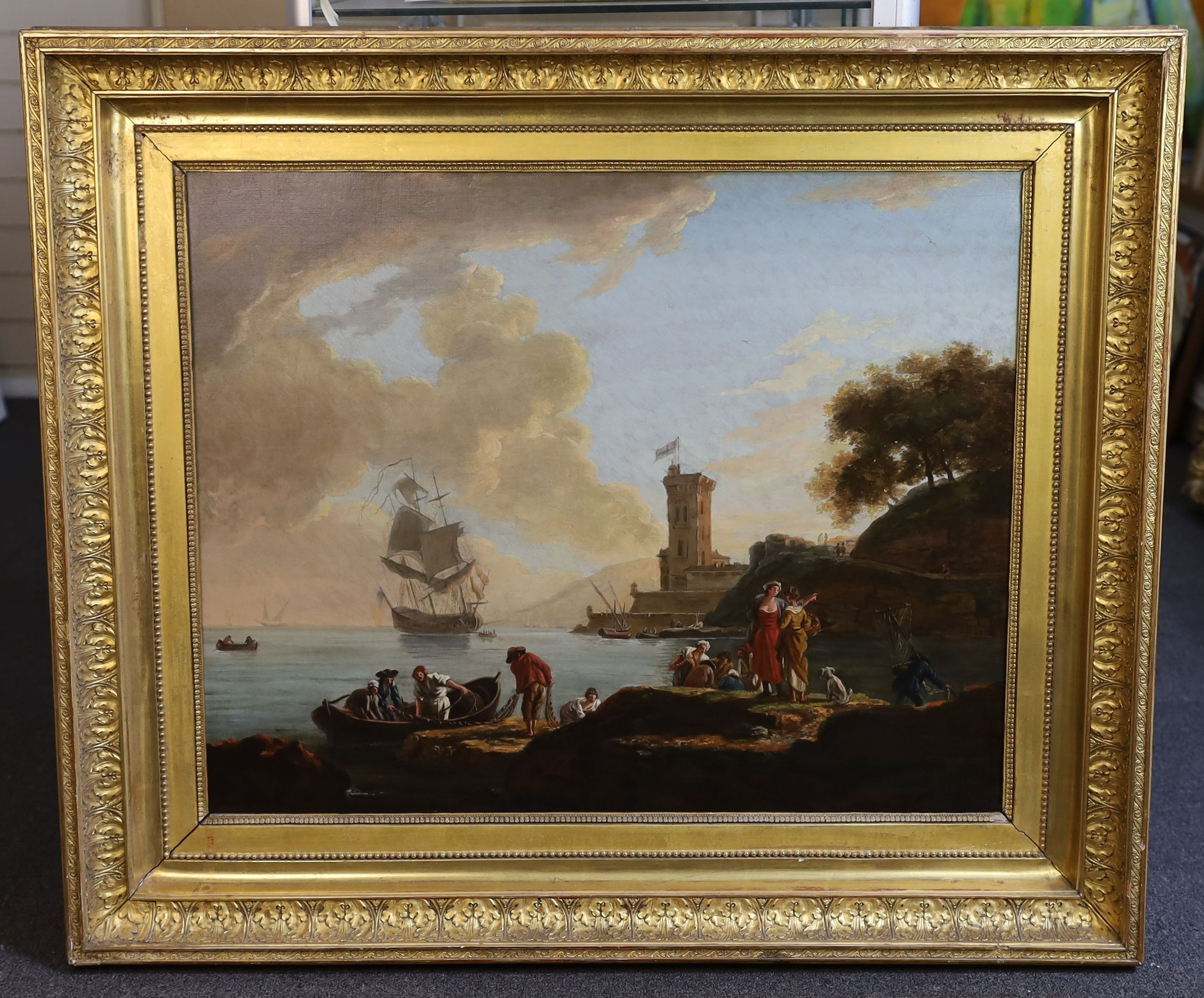 Flore Marescaille de Caffort (French, 1778-1846), Claudian style harbour scenes with figures dis-embarking and fisherfolk, pair of oils on canvas, 64 x 79cm